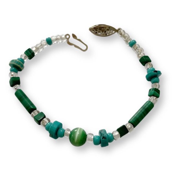 Handmade Turquoise Green Cats Eye and Jasper Stone Beaded Artisan Bracelet - Picture 3 of 3